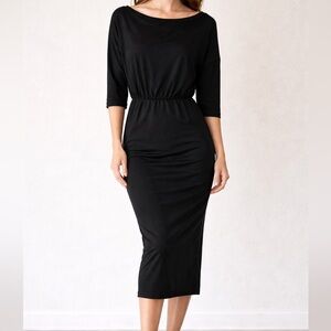 Black Stretch Midi Dress Size Medium | Elastic Waist | Work to Evening Classic